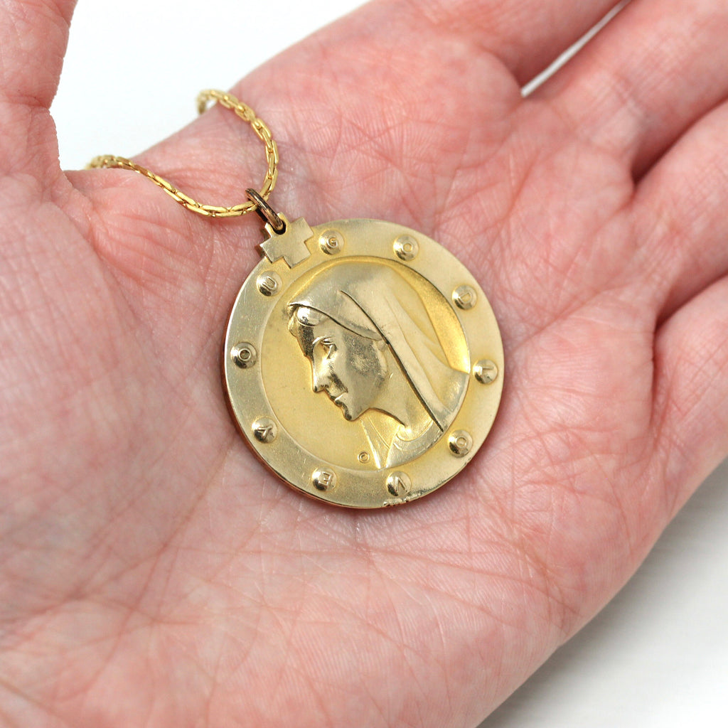 Vintage Mary Medal - Retro Gold Filled "God Love You" Pendant Necklace - Circa 1970s Era Blessed Virgin Mary Mother Religious Faith Jewelry