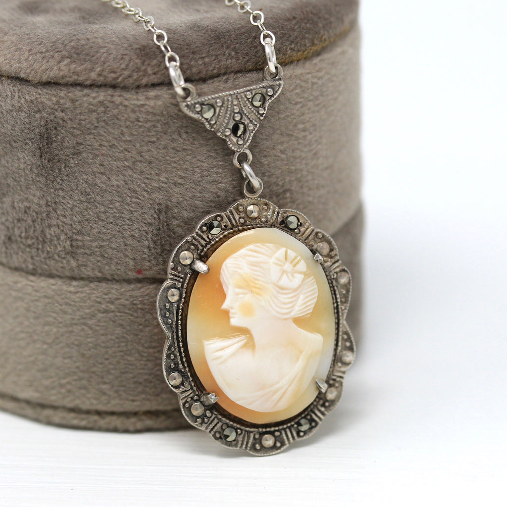 Art Deco Lavalier - Antique Sterling Silver Carved Shell Cameo Flower Necklace - Circa 1930s Era Marcasites Statement Flapper 30s Jewelry