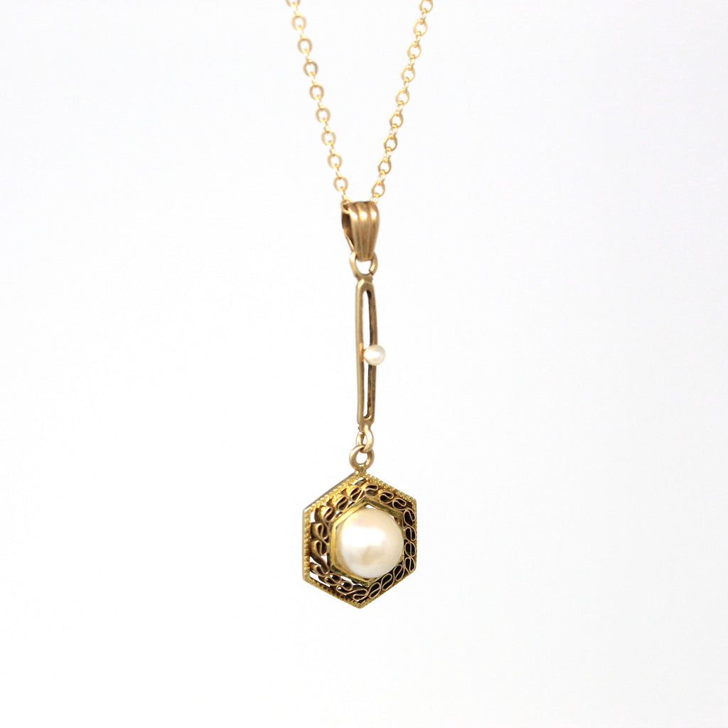 Sale - Cultured Pearl Lavalier - Edwardian 10k Yellow Gold Genuine Organic Gem Pendant Necklace - Antique Circa 1910s Filigree Fine Jewelry