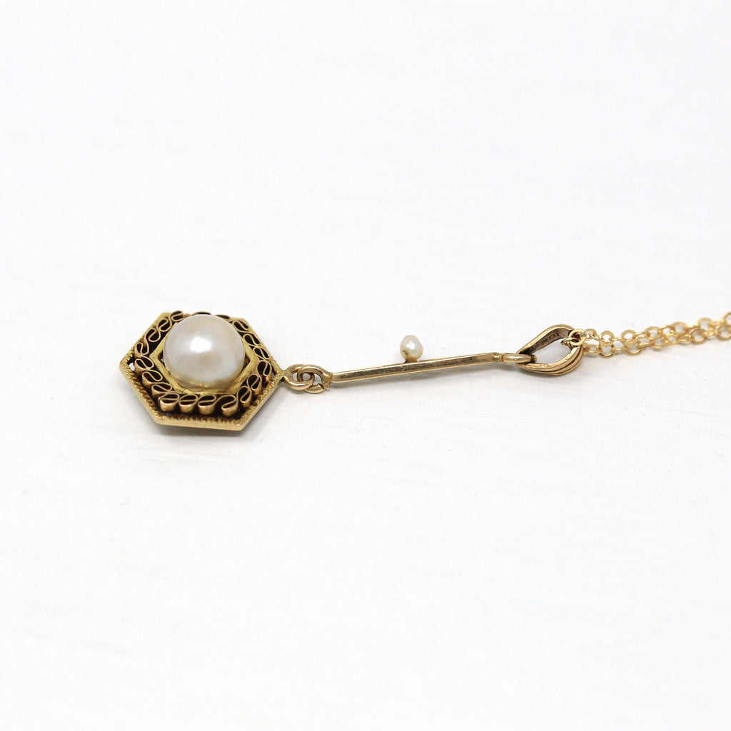 Cultured Pearl Lavalier - Edwardian 10k Yellow Gold Genuine Organic Gem Pendant Necklace - Antique Circa 1910s Era Filigree Fine Jewelry