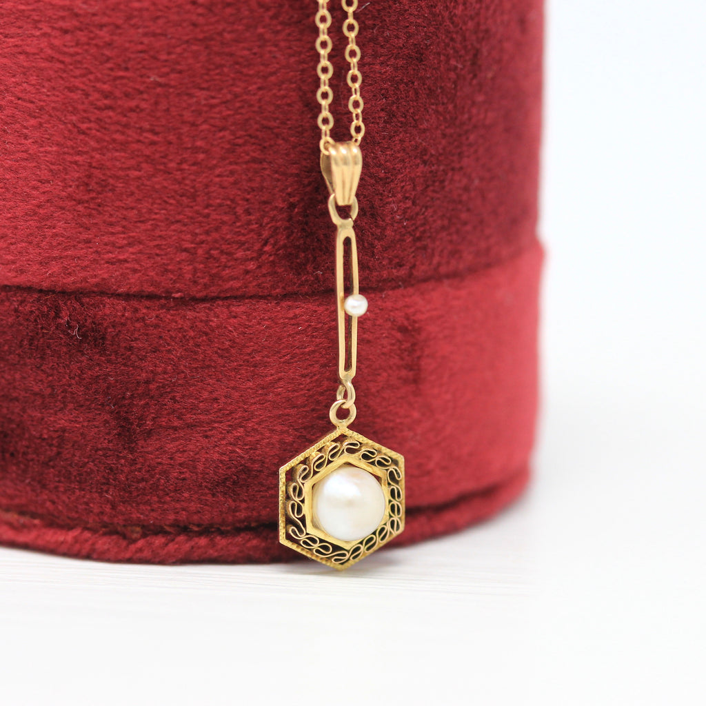 Cultured Pearl Lavalier - Edwardian 10k Yellow Gold Genuine Organic Gem Pendant Necklace - Antique Circa 1910s Era Filigree Fine Jewelry
