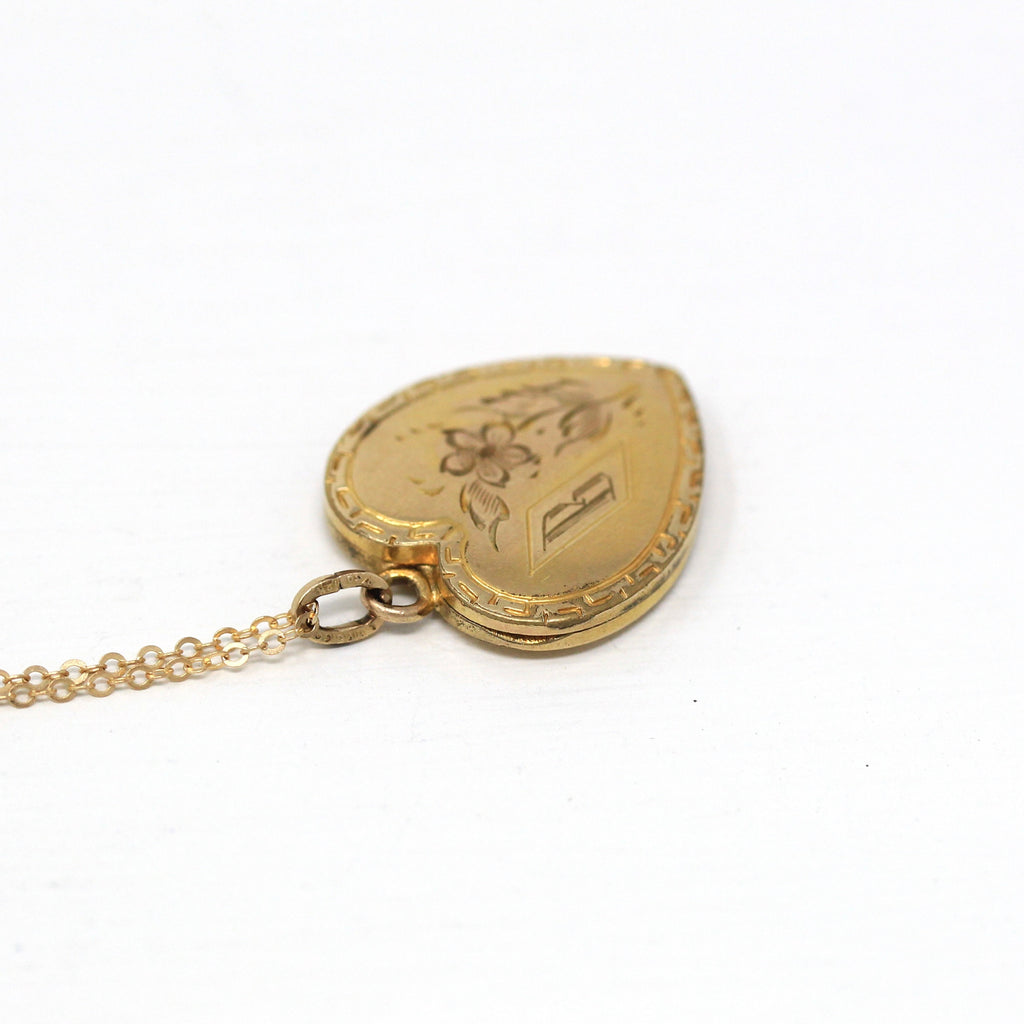 Letter "B" Locket - Retro 12k Gold Filled Flower Heart Pendant Necklace - Vintage Circa 1940s Era Photograph Keepsake Photo 40s Jewelry