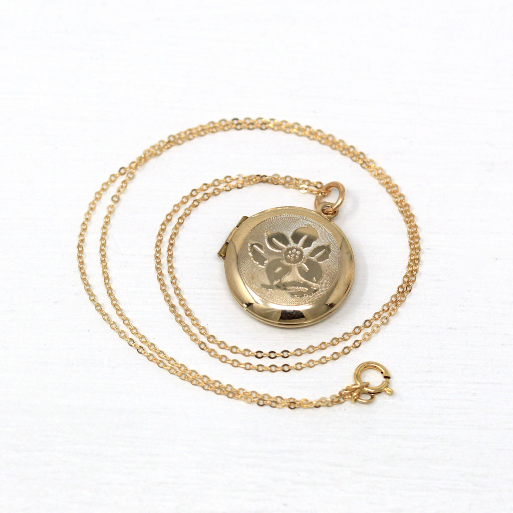 Vintage Flower Locket - Retro 14k Gold Filled Round Engraved Necklace Pendant - Circa 1960s Era Statement Keepsake Photograph 60s Jewelry