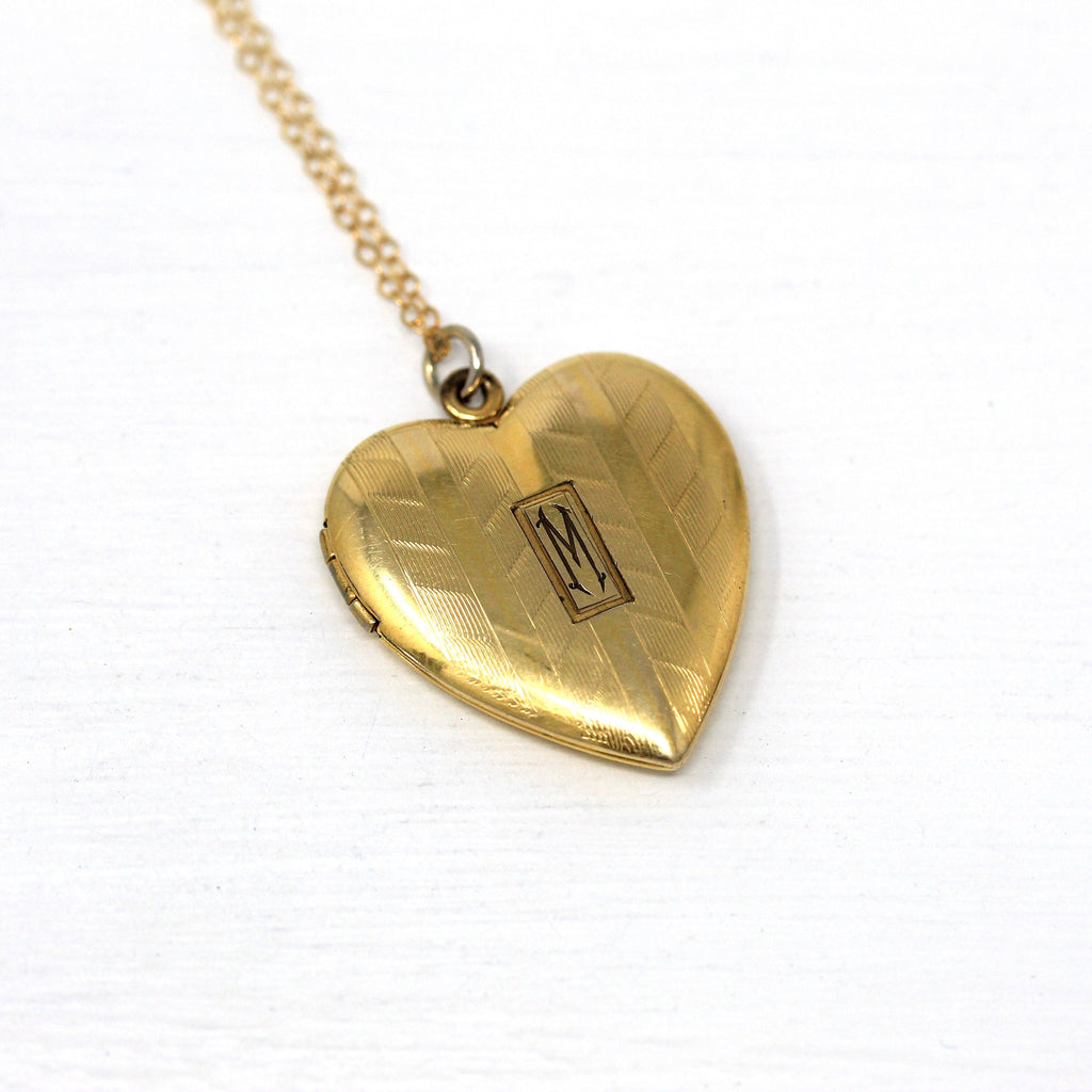 Letter "M" Locket - Retro Gold Filled Engraved Initial Heart Shaped Pendant Necklace - Vintage Circa 1940s Era Photograph Keepsake Jewelry