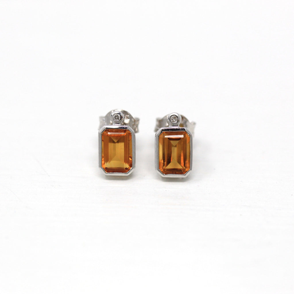 Citrine & Diamond Earrings - Modern 10k White Gold Emerald Cut .98 CTW Gemstones - Estate Circa 2000's Era November Birthstone Fine Jewelry