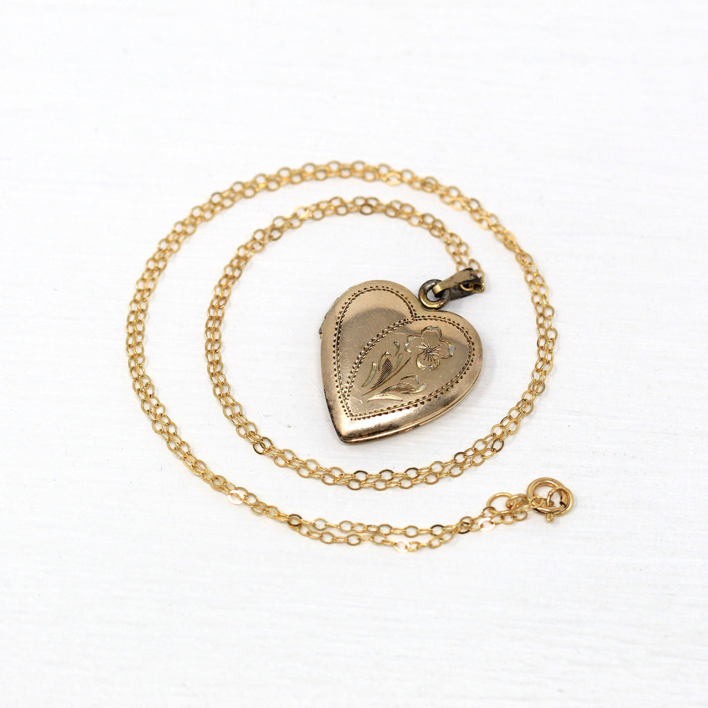 Vintage Heart Locket - Retro 10k Gold Filled On Sterling Silver Flowers Pendant Necklace - Circa 1940s Era Keepsake Photograph 40s Jewelry