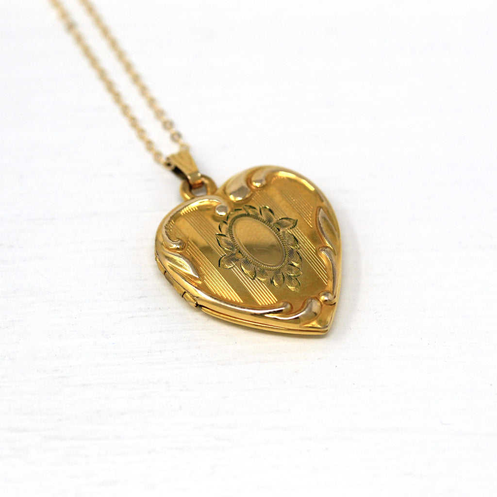Vintage Heart Locket - Retro 12k Gold Filled Flower Designs Engraved Pendant Necklace - Circa 1940s Era Photograph Keepsake HFB 40s Jewelry