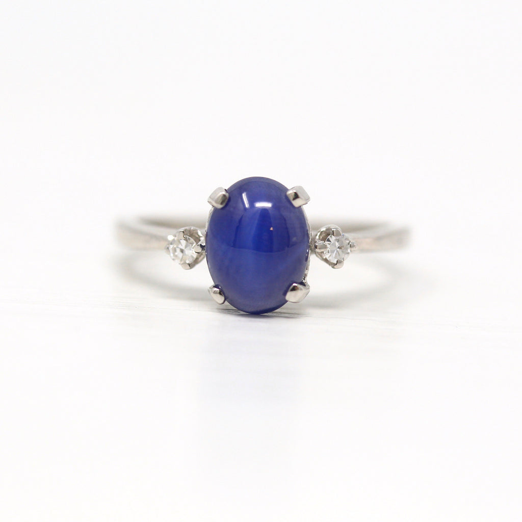 Created Star Sapphire Ring - Retro 14k White Gold Cabochon Blue 1.59 CT Stone - Vintage Circa 1960s Size 4 3/4 Genuine Diamonds Fine Jewelry