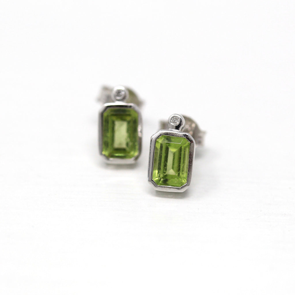 Peridot & Diamond Earrings - Modern 10k White Gold Emerald Cut 1.08 CTW Gemstones - Estate Circa 2000's Era August Birthstone Fine Jewelry