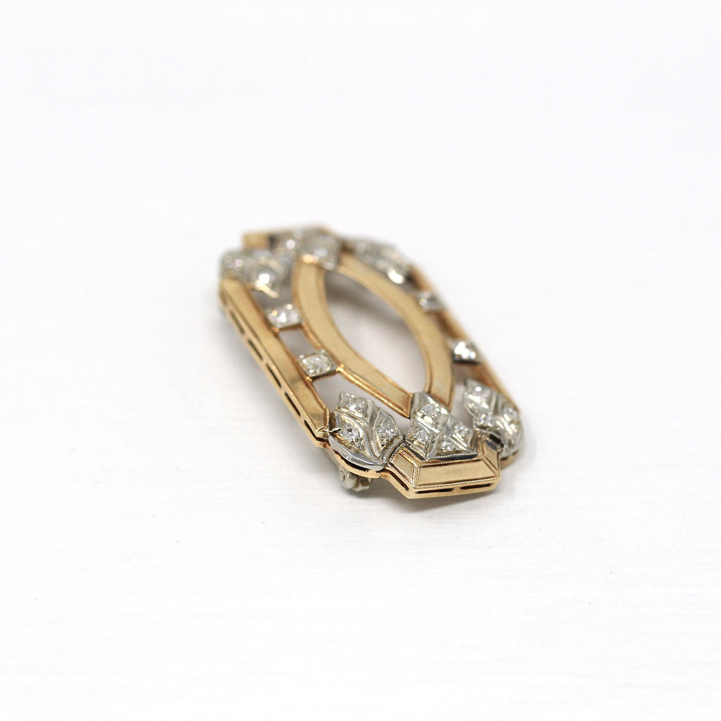 Genuine Diamond Brooch - 14k Yellow & White Gold .40 CTW Gemstone Statement Pin - Vintage 1940s Fine Fashion Accessory Milgrain Jewelry