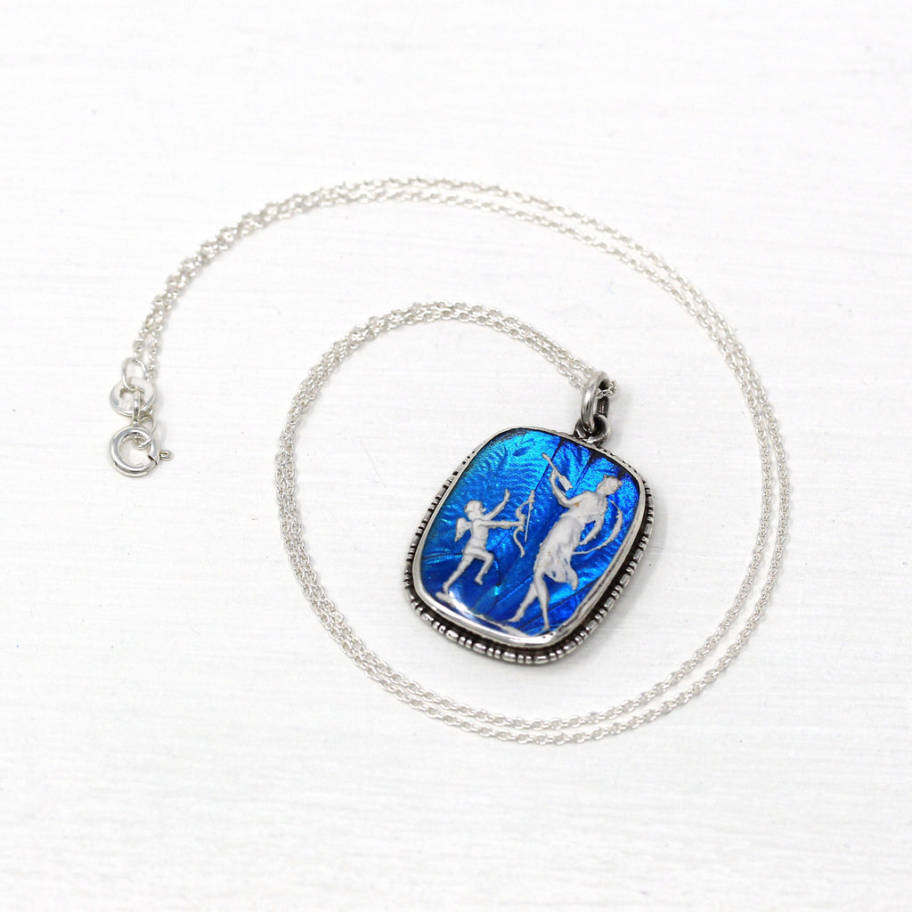 Morpho Butterfly Necklace - Art Deco Sterling Silver Blue Wing Cupid Diana Artemis - Vintage Circa 1930s Era Sulphide Cameo England Jewelry