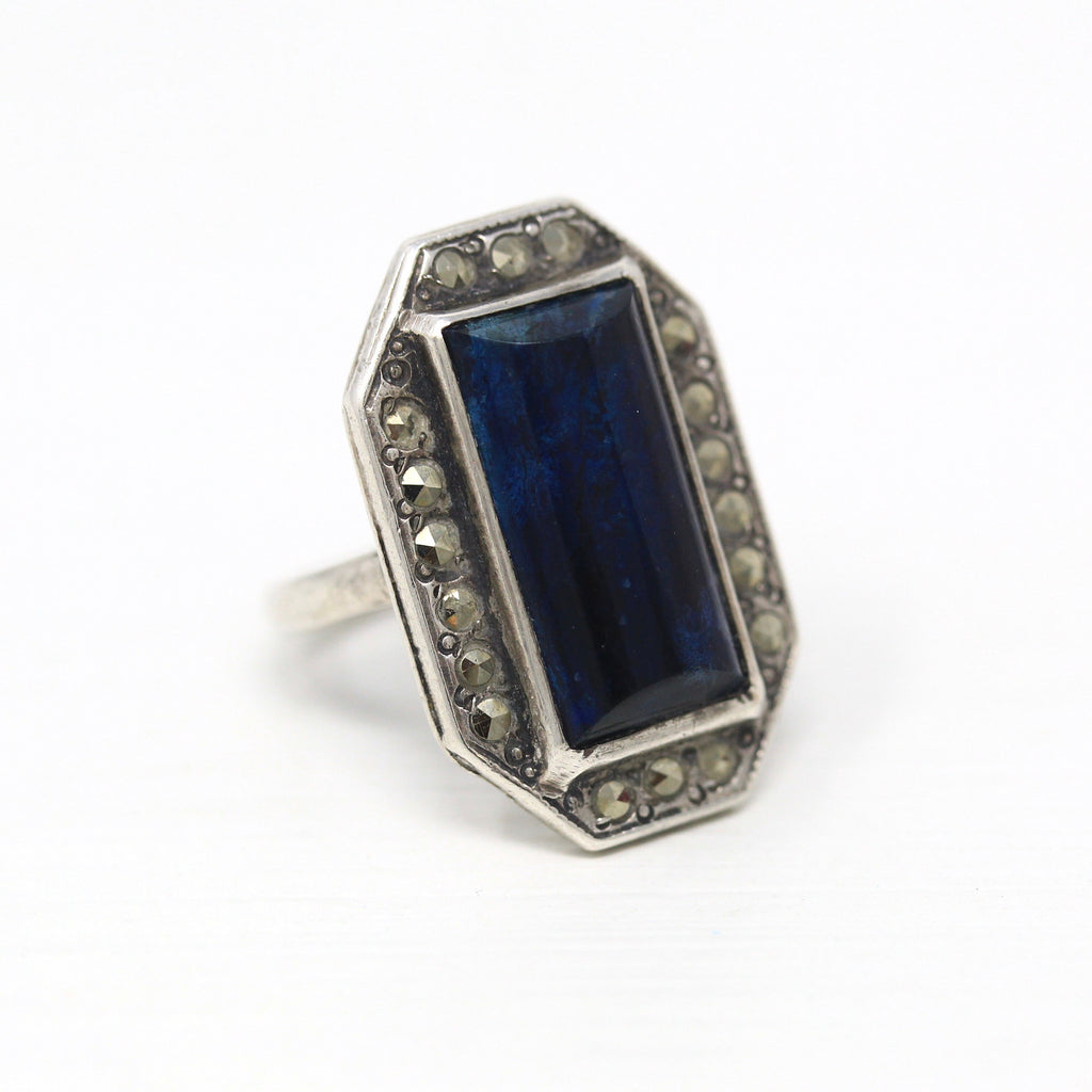 Genuine Blue Jasper Ring - Art Deco Sterling Silver Marcasite Shield Style Gem - Circa 1930s Era Size 3 1/2 Cocktail Statement 30s Jewelry