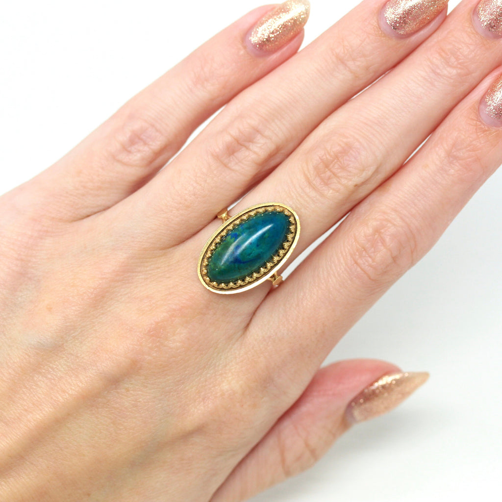 Genuine Azurmalachite Ring - Retro 14k Yellow Gold Oval Greenish Blue Gemstone - Vintage Circa 1970s Era Size 7.5 Statement Fine 70s Jewelry