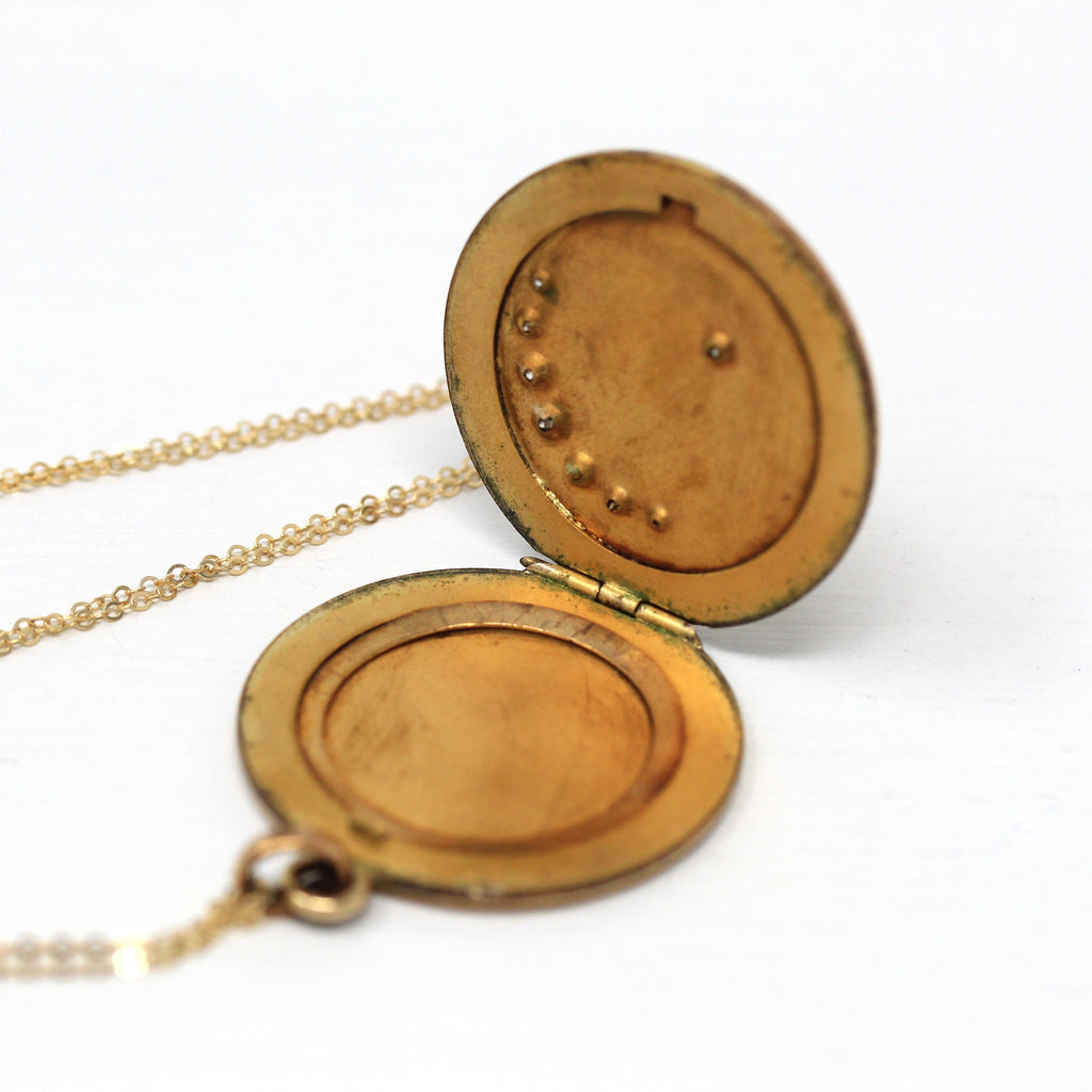 Star & Moon Locket - Antique Gold Filled Rhinestone Pendant Necklace - Edwardian Circa 1900s Era Round Celestial Crescent Statement Jewelry