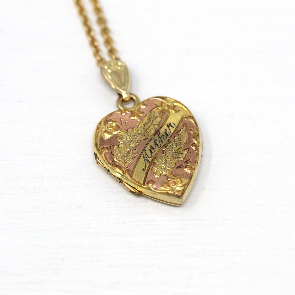 Vintage "Mother" Locket - Retro Gold Filled Engraved Flower Heart Pendant Necklace - Circa 1940s Era Photograph Keepsake Photo 40s Jewelry