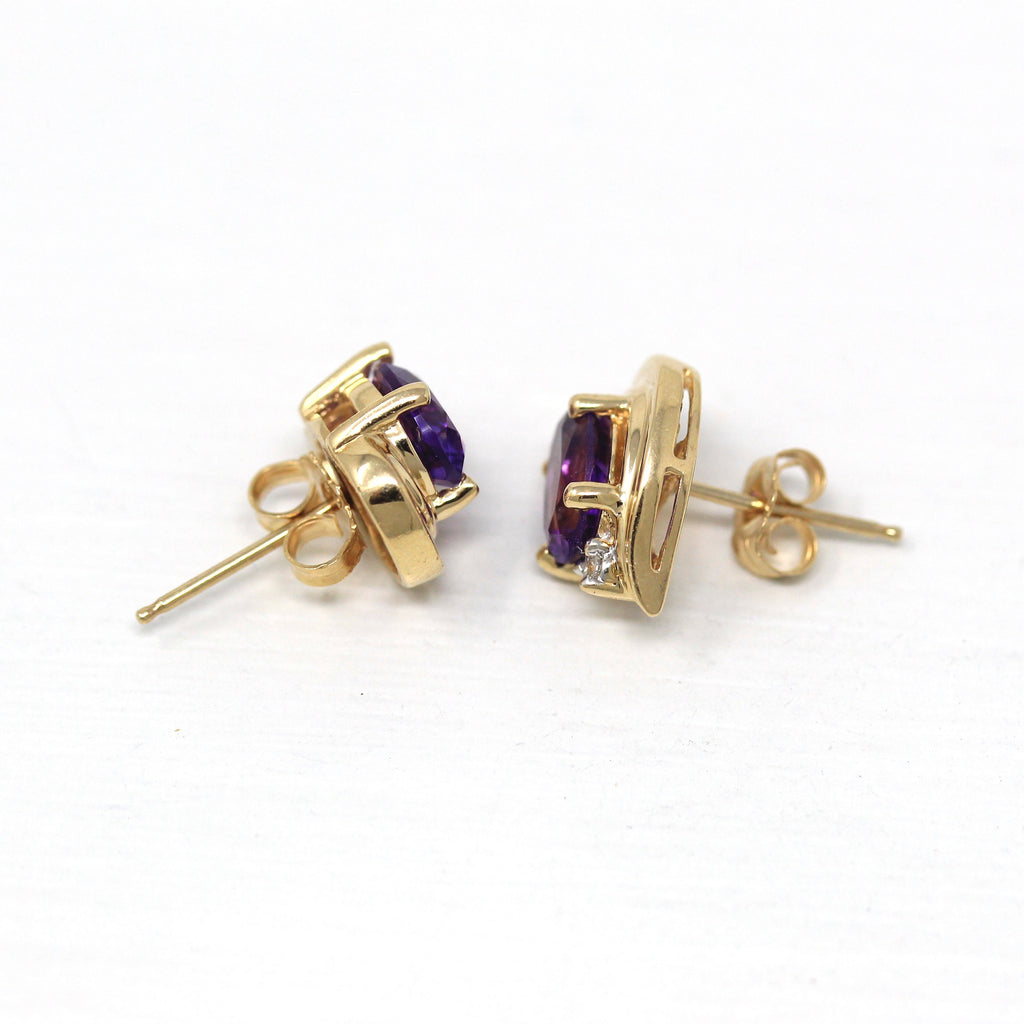 Amethyst & Diamond Earrings - Modern 14k Yellow Gold Pierced Push Backs - Estate Circa 2000's Era Purple Oval Faceted 2.08 CTW Gems Jewelry