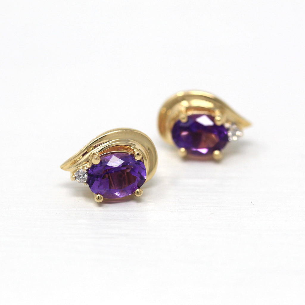 Amethyst & Diamond Earrings - Modern 14k Yellow Gold Pierced Push Backs - Estate Circa 2000's Era Purple Oval Faceted 2.08 CTW Gems Jewelry