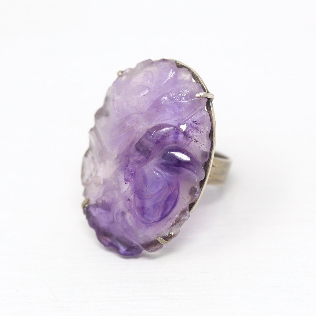 Genuine Amethyst Ring - Retro Silver Tone Carved Purple Oval Gemstone - Vintage Circa 1960s Era Size 8 Statement Cocktail Costume Jewelry