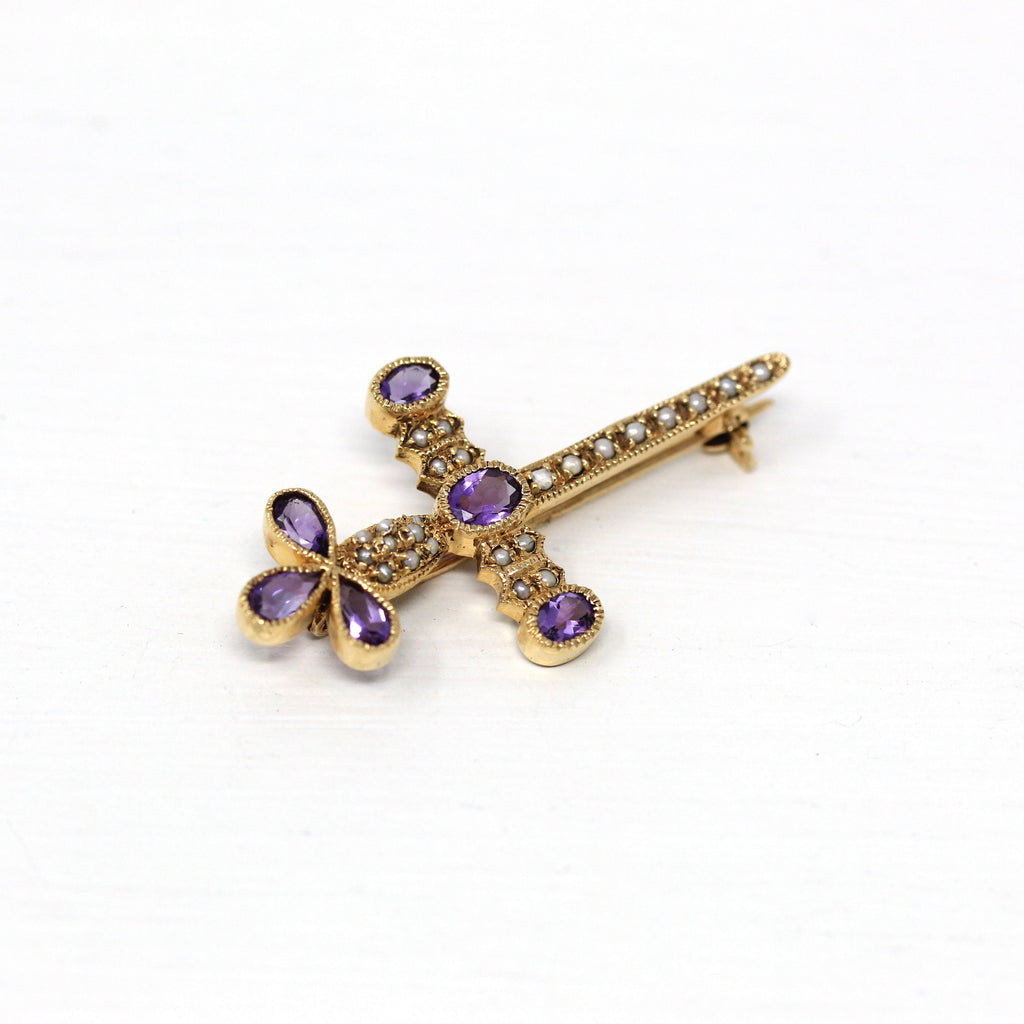 Vintage Amethyst Brooch - Retro Victorian Revival Seed Pearl Pin - 1960s Fashion Accessory Fine Sword Cross Motif Mid Century Jewelry