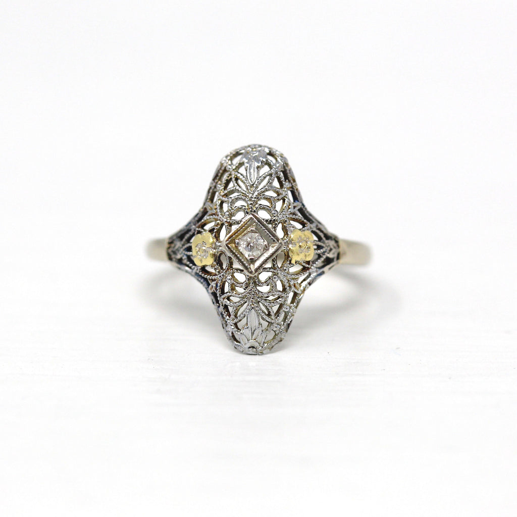 Vintage Shield Ring - Art Deco 14k White Gold Genuine Diamond Filigree Statement - Circa 1930s Era Size 3 1/4 Flower 30s Fine Jewelry