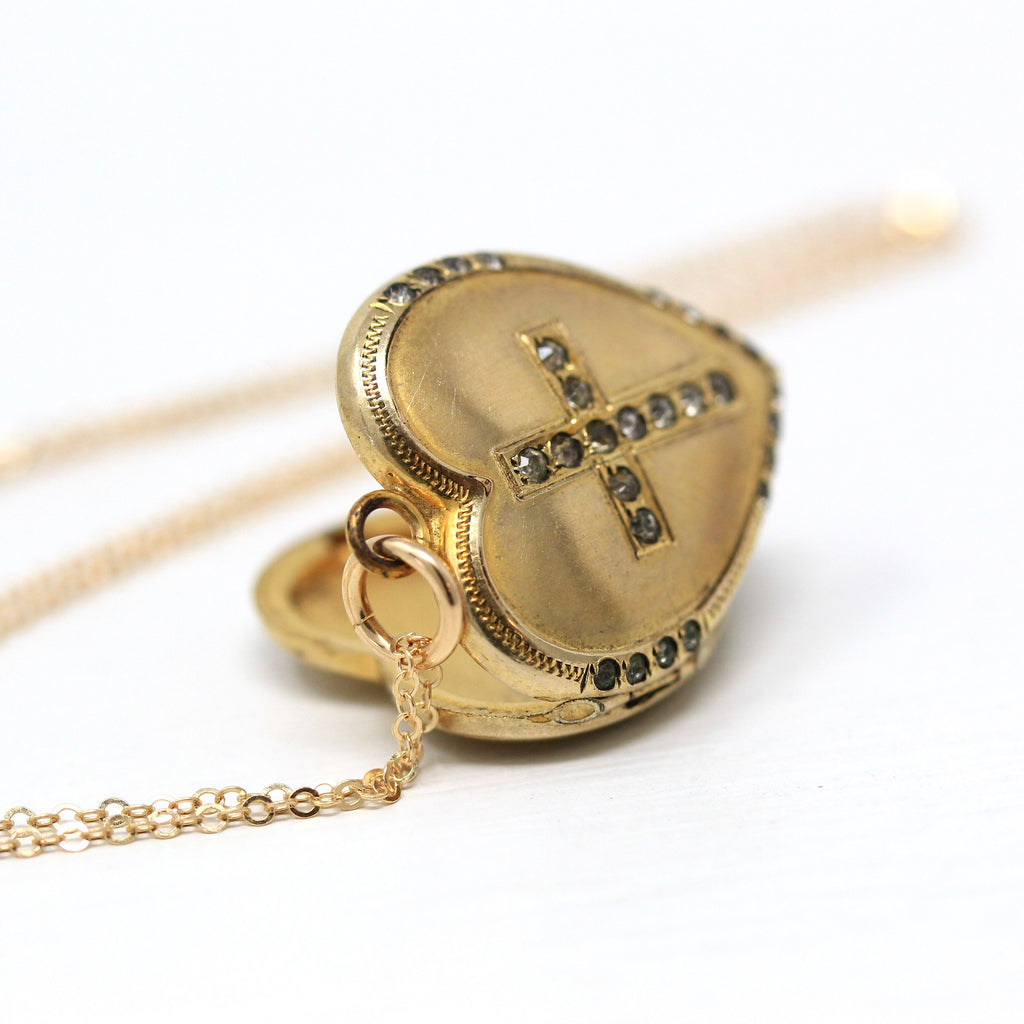 Antique Heart Locket - Edwardian Gold Filled Rhinestone Cross Religious Faith Pendant - Circa 1910s Era Religious Faith Necklace HFB Jewelry
