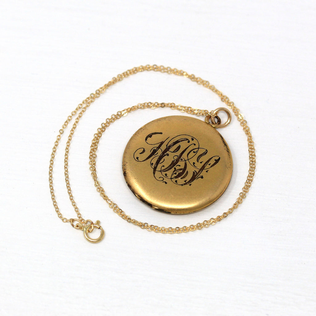Dated 1906 Locket - Edwardian Gold Filled Round Engraved Letters Necklace Pendant - Antique Monogrammed Photographs Keepsake Fob Jewelry