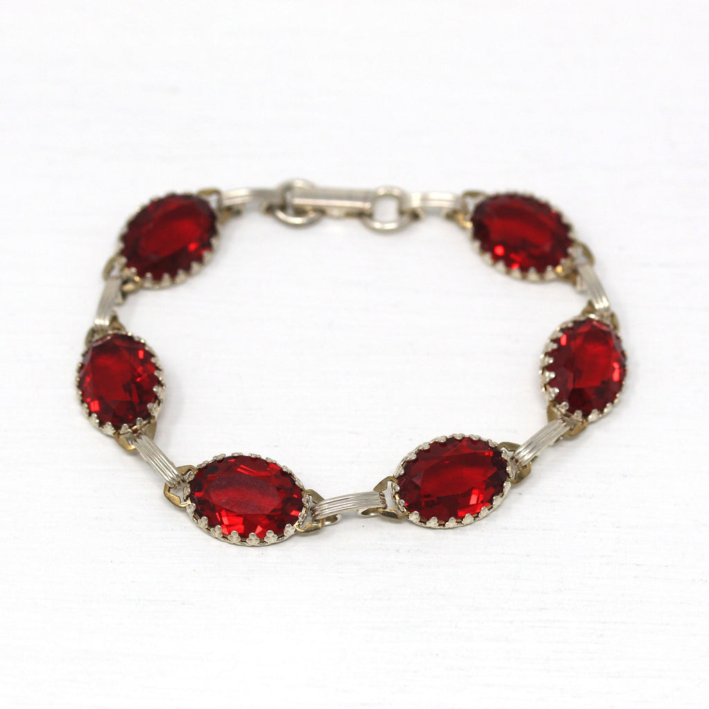 Mid Century Bracelet - Vintage Sterling Silver Oval Faceted Red Glass Stones - Circa 1950s Era Fold Over Clasp Simulated Ruby 50s Jewelry