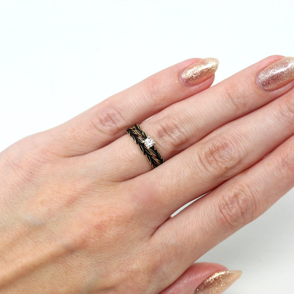 Engagement Ring Set - 14k Yellow Gold Genuine .13 CT Diamond Wedding Band Set - Circa 2000 Size 5.5 Patinaed Finish Fine Leaf Leaves Jewelry