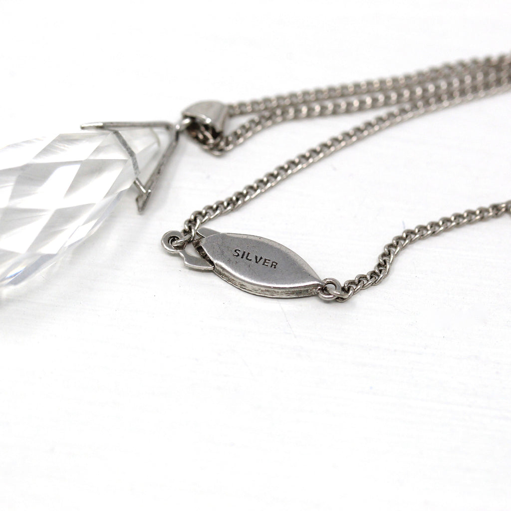 Art Deco Necklace - Sterling Silver Briolette Rock Crystal Quartz Clear Gemstone Pendant - Statement 1930s Flapper Statement 30s Jewelry