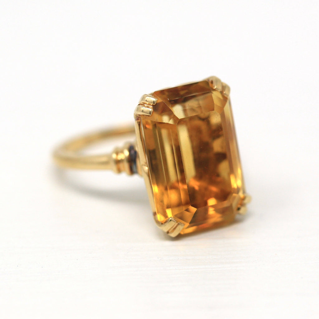 Genuine Citrine Ring - Retro 14k Yellow Gold Emerald Cut 9.39 CT Gemstone - Vintage Circa 1960s Era Size 5 1/4 Cocktail Statement Jewelry