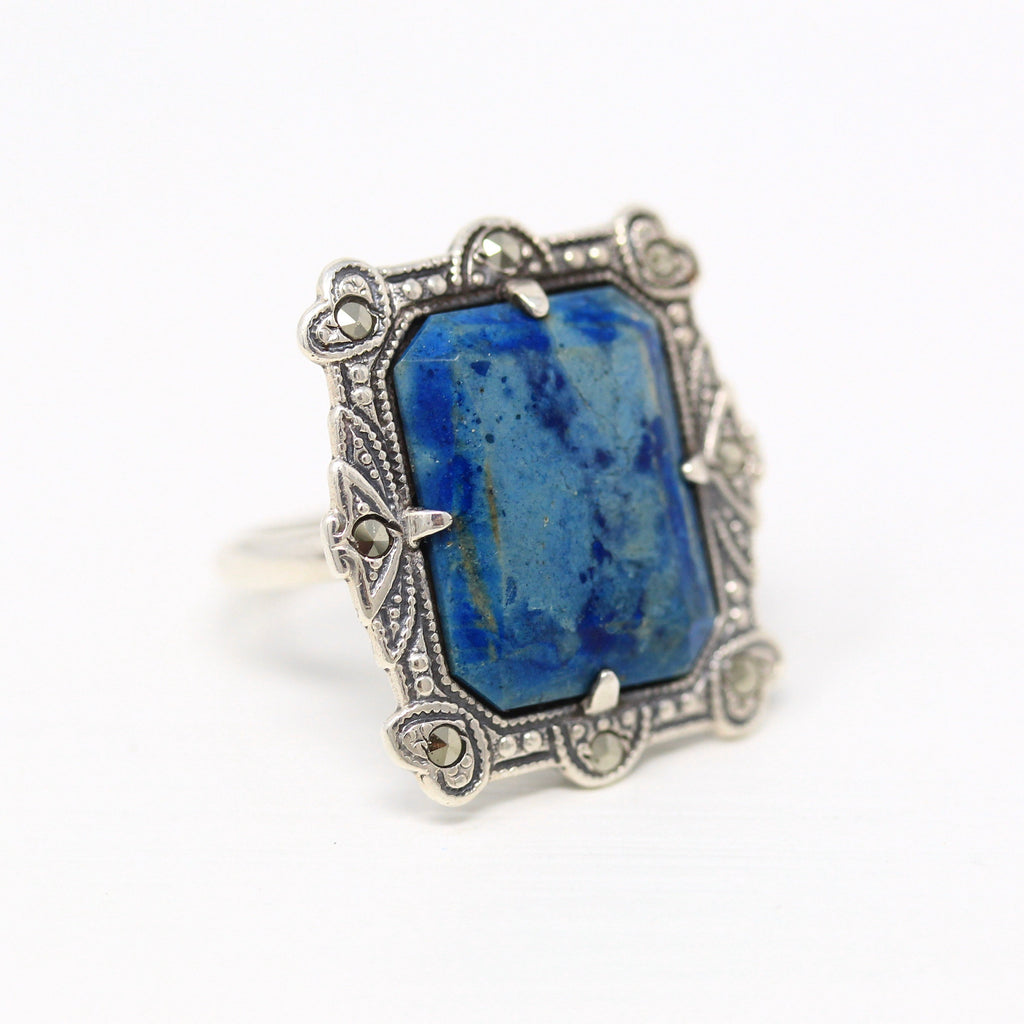 Genuine Blue Jasper Ring - Art Deco Era Vintage Sterling Silver Marcasite Shield - Circa 1930s Era Size 5 Cocktail Statement Uncas Jewelry