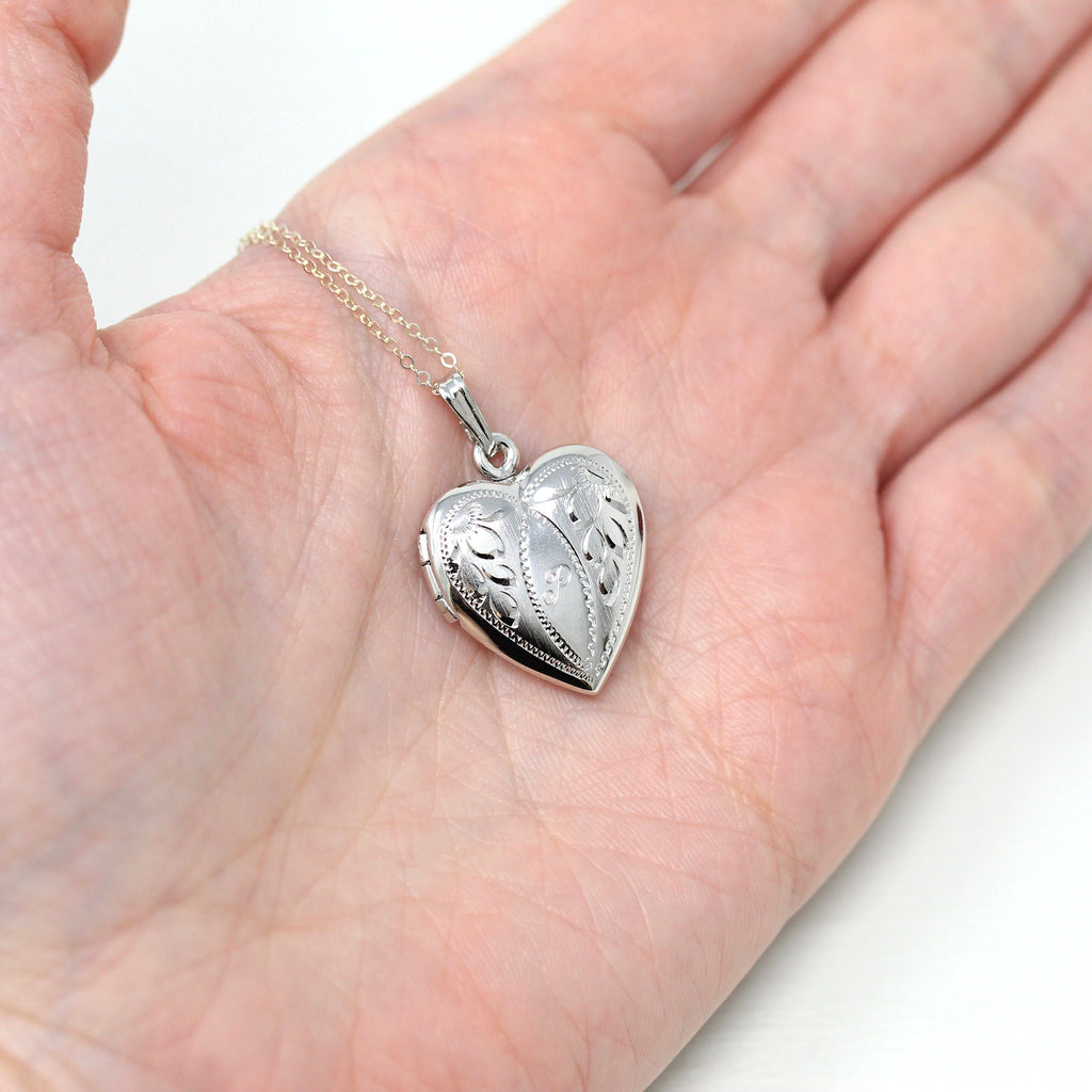 Letter "P" Locket - Mid Century Sterling Silver Engraved Heart Pendant Necklace - Vintage Circa 1950s Era Flowers Leaves Keepsake Jewelry
