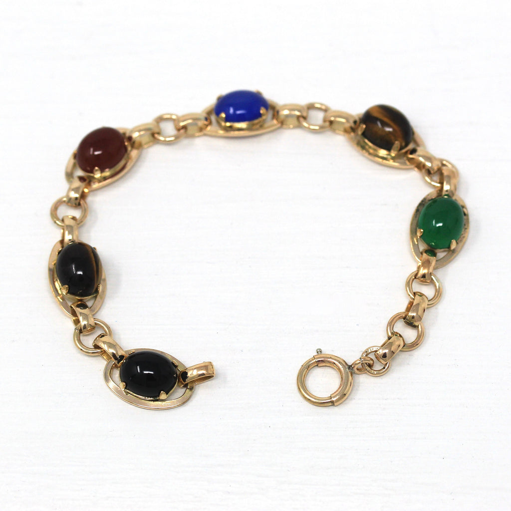 Vintage Gemstone Bracelet - Retro 12k Gold Filled Cabochon Gem Oval Panels - Circa 1960s Era Scarab Style Colorful 60s Jewelry