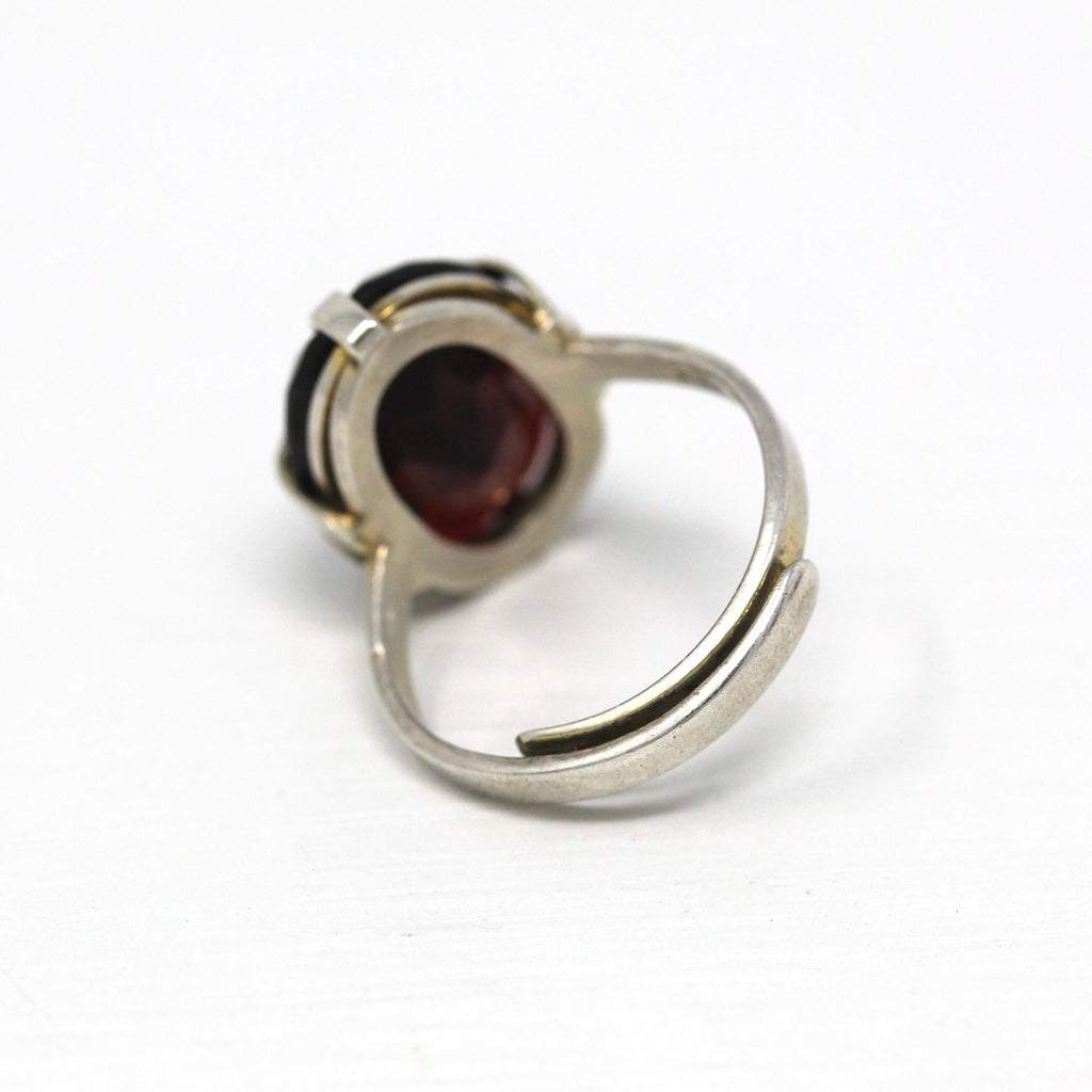 Simulated Garnet Ring - Retro Sterling Silver Adjustable Oval Faceted Dark Red Statement - Vintage Circa 1960s Size 5 1/2 Uncas Co Jewelry