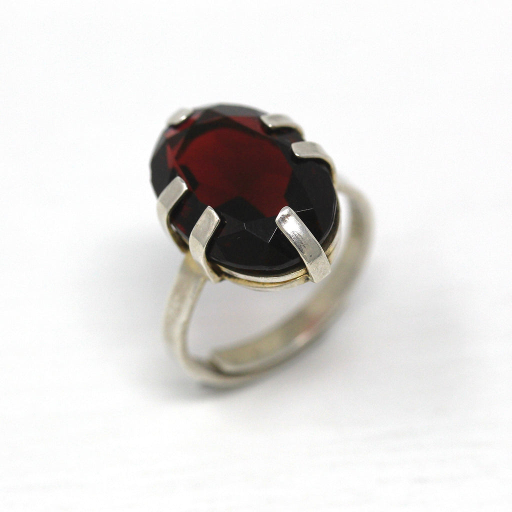 Simulated Garnet Ring - Retro Sterling Silver Adjustable Oval Faceted Dark Red Statement - Vintage Circa 1960s Size 5 1/2 Uncas Co Jewelry