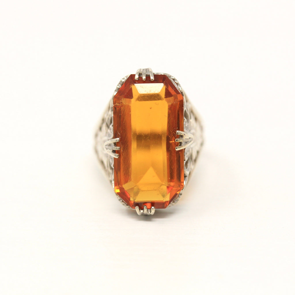 Simulated Citrine Ring - Art Deco Sterling Silver Rectangular Faceted Glass Stone - Vintage Circa 1930s Era Size 6 Statement 30s Jewelry