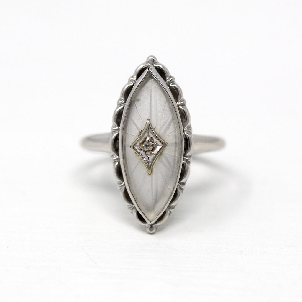 Sale - Rock Crystal Quartz Ring - Vintage Retro Era 10k White Gold Genuine Diamond Statement - Circa 1940s Size 5.5 Navette Shaped Jewelry