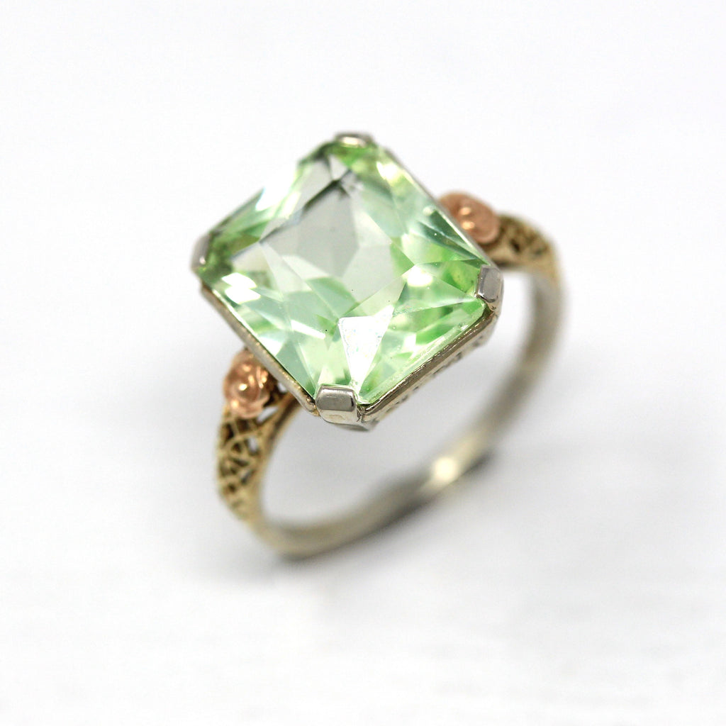 Created Spinel Ring - Vintage 14k White Yellow & Rose Gold Filigree Green 5.90 Carat Stone - Art Deco Size 5 Circa 1930s Two Tone Jewelry