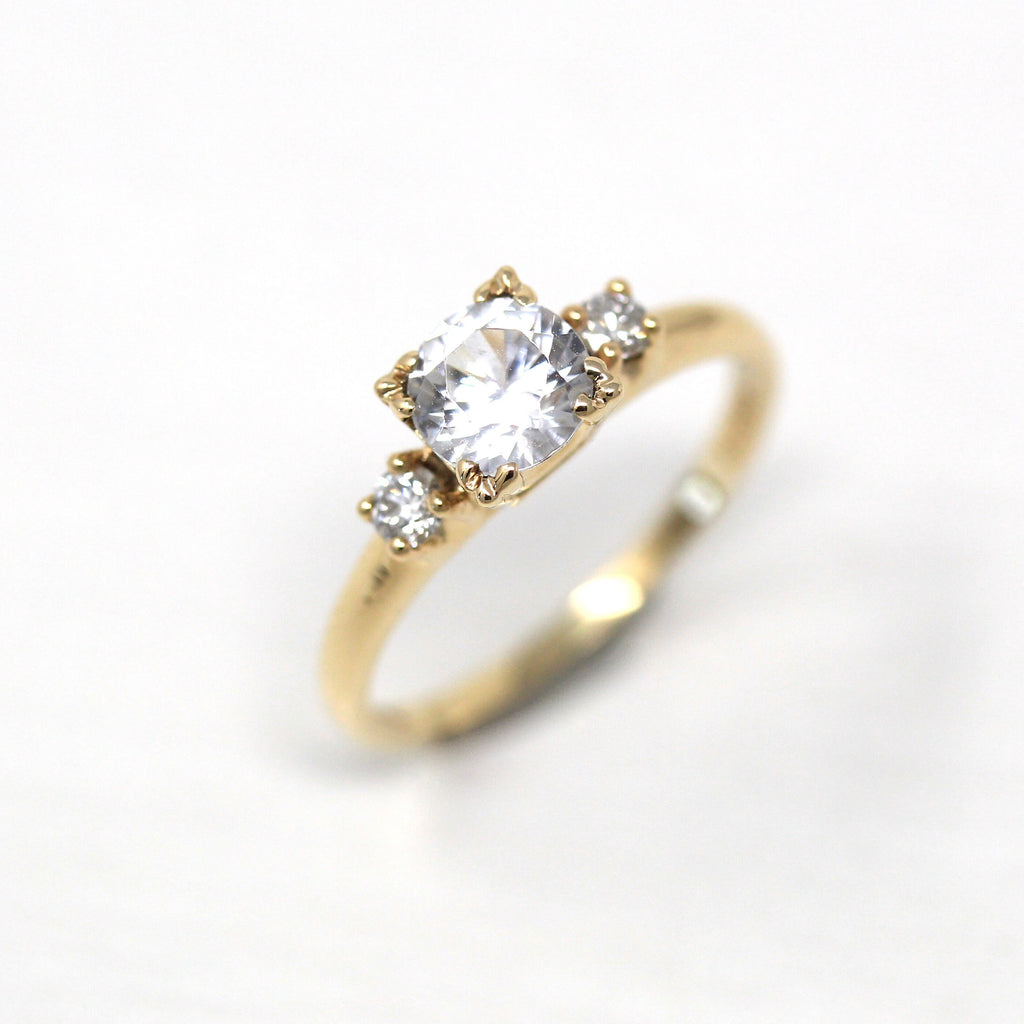Genuine White Zircon Ring - Vintage Retro Era 14k Yellow Gold Diamond Accents - Circa 1940s Size 5 Three White Stones 40s Fine Jewelry