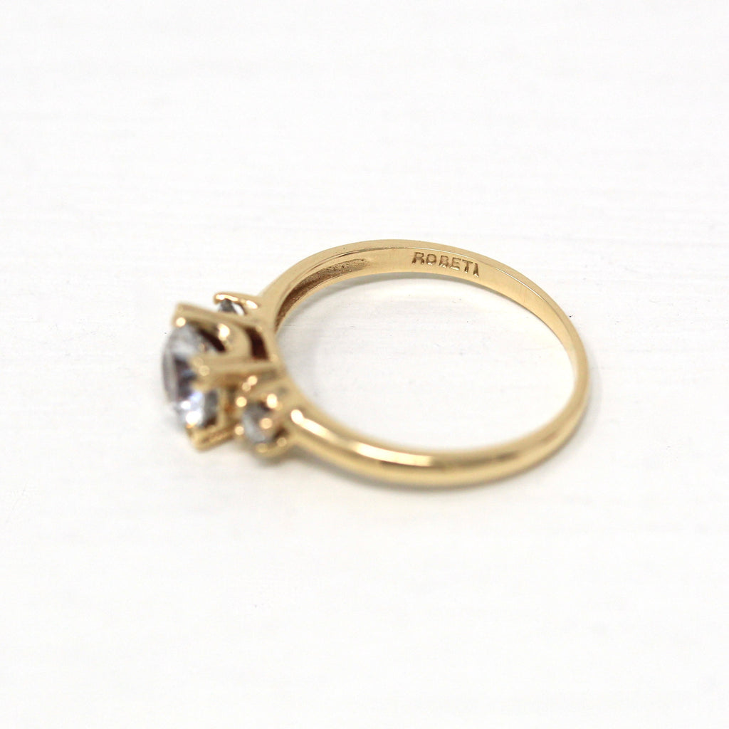 Genuine White Zircon Ring - Vintage Retro Era 14k Yellow Gold Diamond Accents - Circa 1940s Size 5 Three White Stones 40s Fine Jewelry