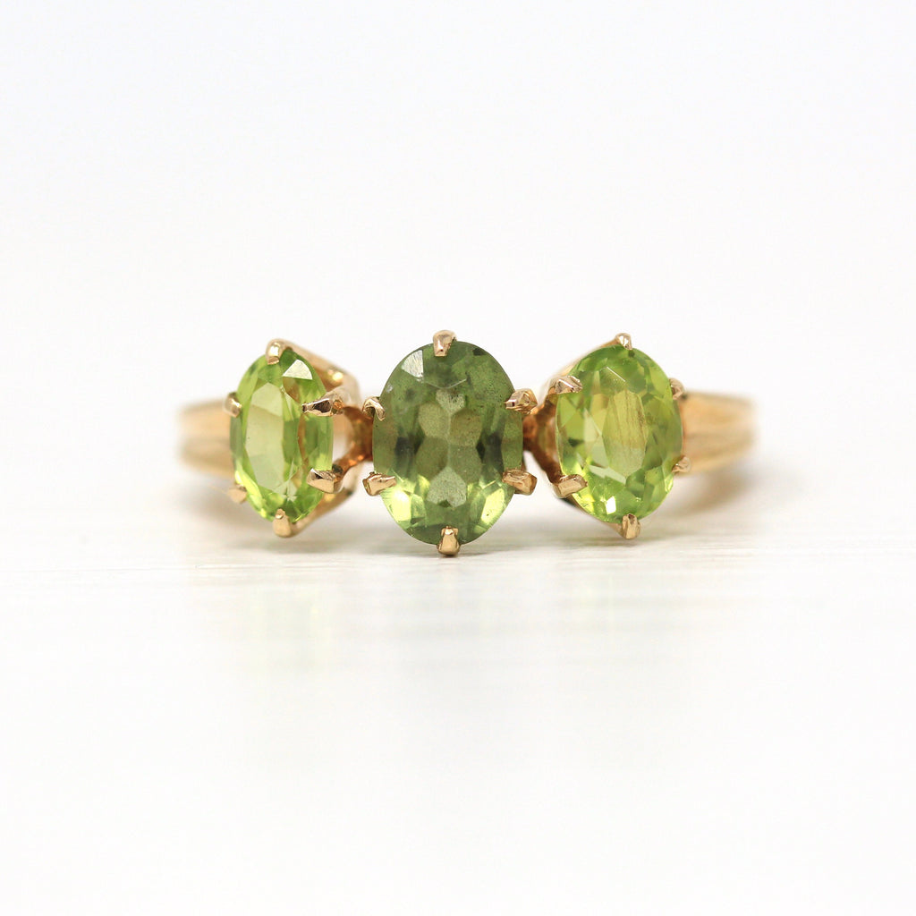 Genuine Peridot Ring - Retro 14k Yellow Gold Oval Faceted 2.11 CTW Green Gems - Vintage Circa 1970s Era Size 5 3/4 August Birthstone Jewelry