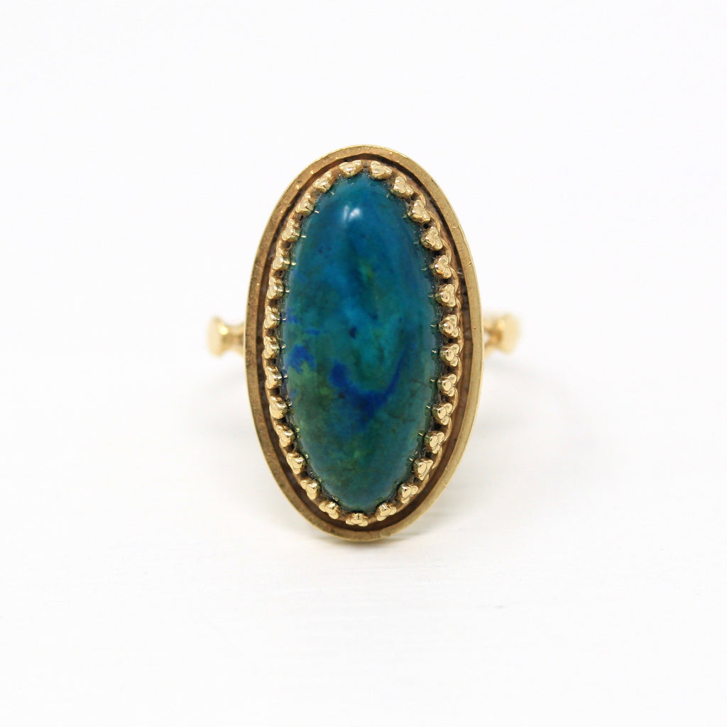 Genuine Azurmalachite Ring - Retro 14k Yellow Gold Oval Greenish Blue Gemstone - Vintage Circa 1970s Era Size 7.5 Statement Fine 70s Jewelry