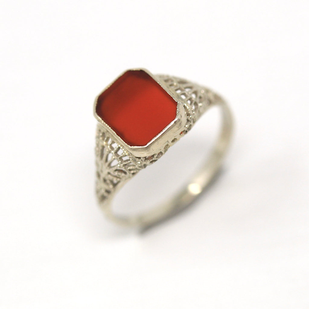 Vintage Carnelian Ring - Antique 14k White Gold Filigree Red Orange Gemstone - Art Deco Circa 1920s Era Size 5 Bezel Solitaire Fine Jewelry
