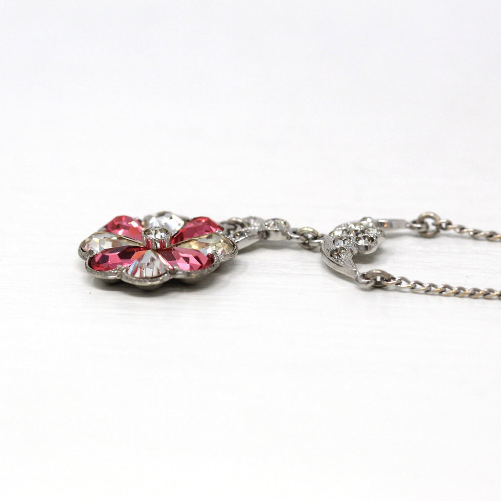 Sterling Silver Lavalier - Vintage Pink & White Rhinestone Flower Necklace - Circa 1940s Era Statement 40s Nature Floral Petals Jewelry