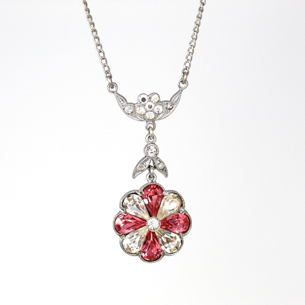 Sterling Silver Lavalier - Vintage Pink & White Rhinestone Flower Necklace - Circa 1940s Era Statement 40s Nature Floral Petals Jewelry