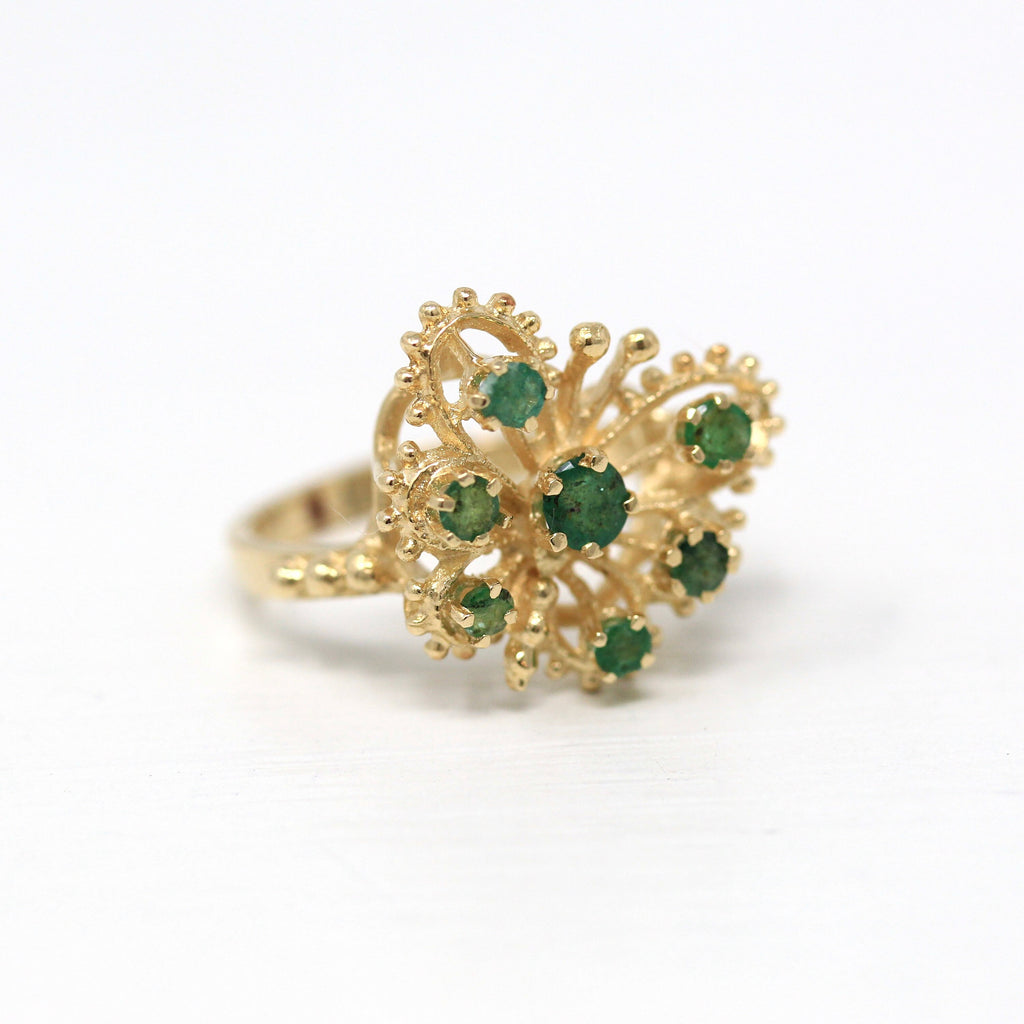 Sale - Vintage Butterfly Ring - 10k Yellow Gold Genuine 1/2 CTW Emerald Gemstones - Size 5 3/4 Statement 70s Winged Bug 1970s Fine Jewelry