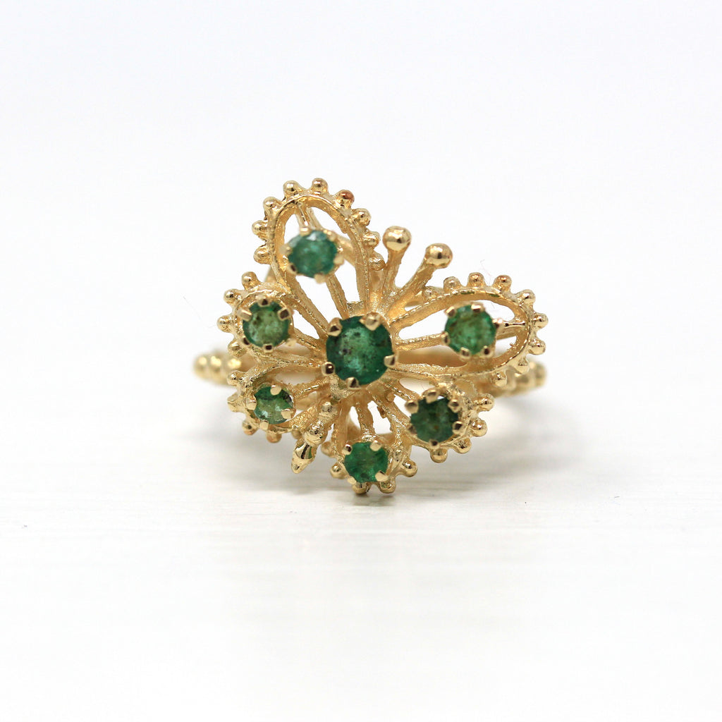 Sale - Vintage Butterfly Ring - 10k Yellow Gold Genuine 1/2 CTW Emerald Gemstones - Size 5 3/4 Statement 70s Winged Bug 1970s Fine Jewelry
