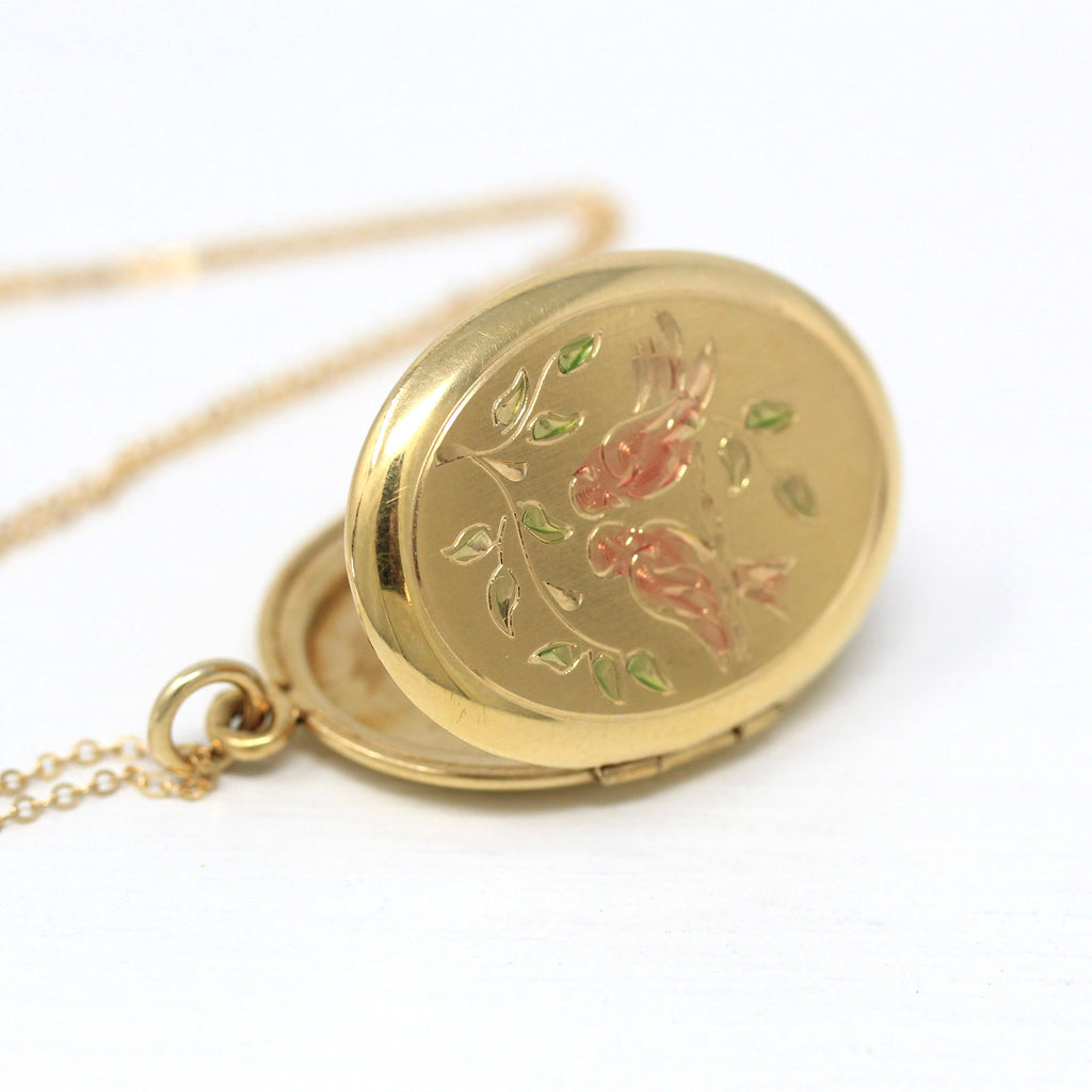 Love Bird Locket - Vintage Gold Filled Oval Nature Figural Pendant Necklace - Circa 1980s Era Tree Branch Romantic Gift 80s Photo Jewelry