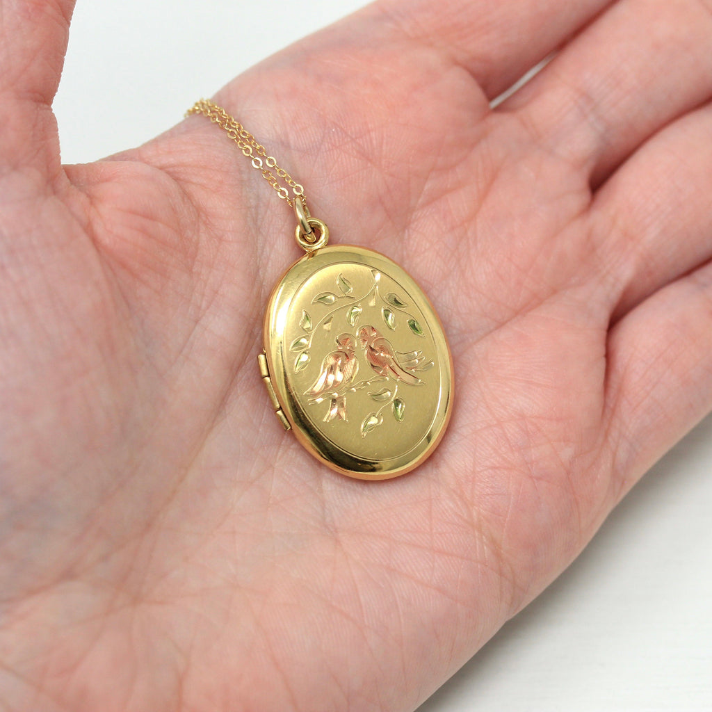 Love Bird Locket - Vintage Gold Filled Oval Nature Figural Pendant Necklace - Circa 1980s Era Tree Branch Romantic Gift 80s Photo Jewelry