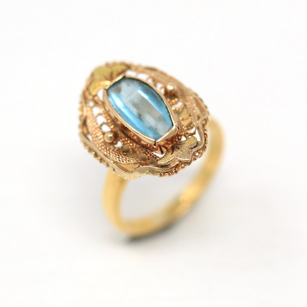 Retro Filigree Ring - Retro Era 18k Yellow Gold Simulated Aquamarine Ring - Vintage Circa 1940s Size 3.75 Statement Pale Blue Fine Jewelry